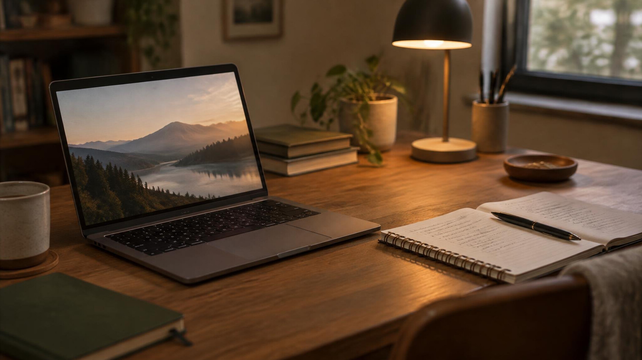 Laptop on a quiet desk with notes and a lamp