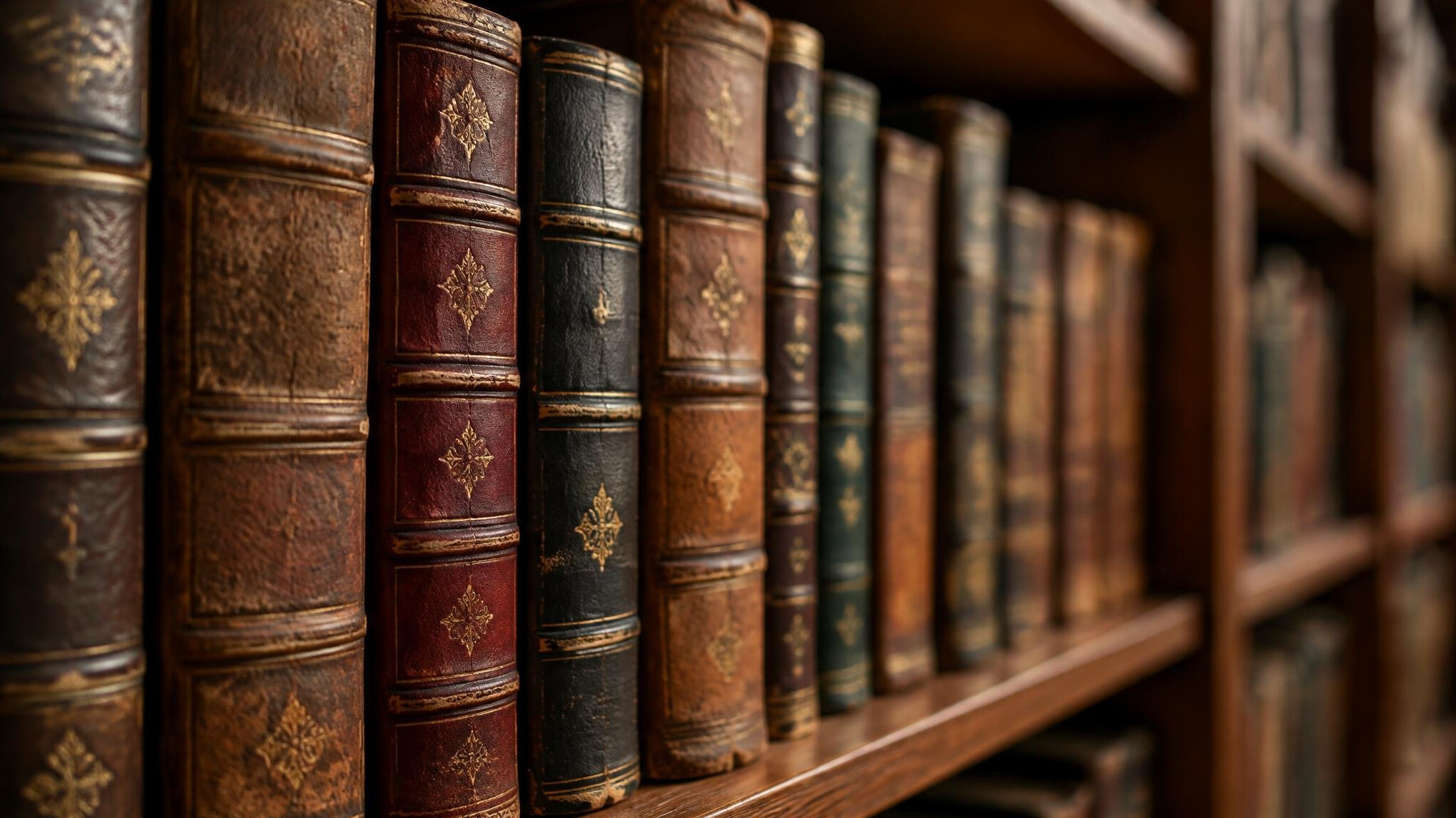 Rows of old books on library shelves
