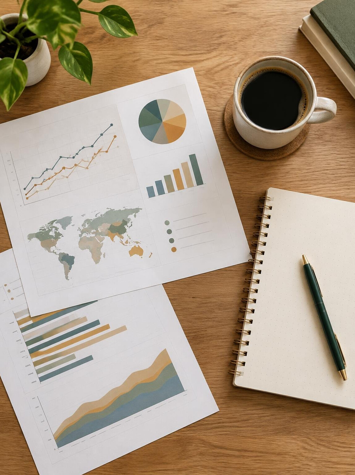 Desk with research documents, charts and a notebook