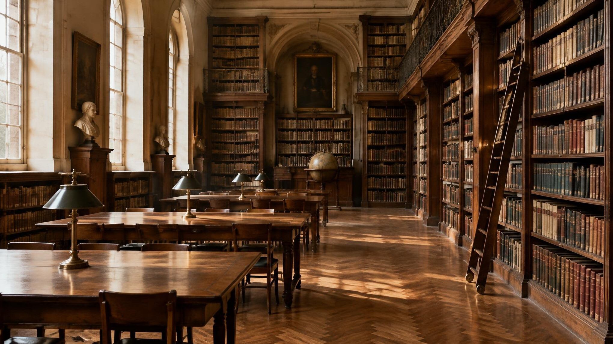 Quiet historic library with tall wooden shelves and warm light